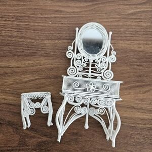 Vintage metal vanity and stool Set miniature dollhouse furniture wicker Looking